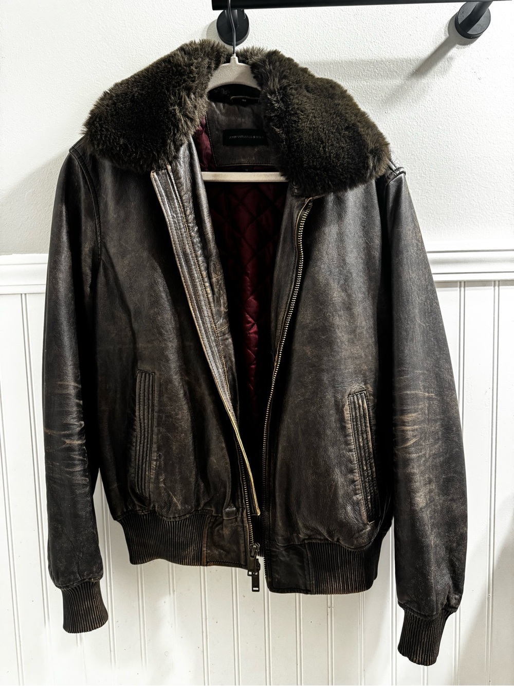 John Varvatos Tommy Leather Bomber Jacket M Removable Shearling Collar
